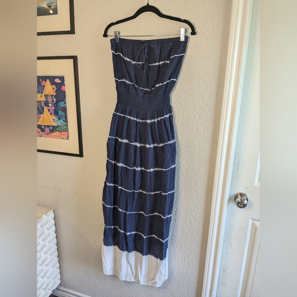 Athleta Tie-Dyed S Maxi Dress Cotton Silk Smocked Waist Strapless Beach Resort